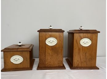 Trio Of Oak Cannisters With Porcelain Floral Inlay