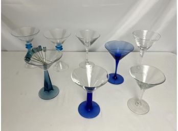 Assortment Of Eight Martini Glasses & Turquoise Topped Cocktail Garnish Picks