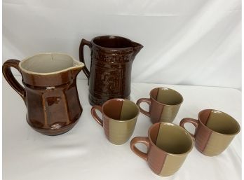 Two Antique Brown Glazed Pitchers & Set Of Four Sango Brown & Tan Glazed Mugs