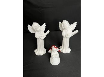 Pair Of Italian Made Carved Alabaster Angels Playing Lutes & Angel Bell Christmas Ornament