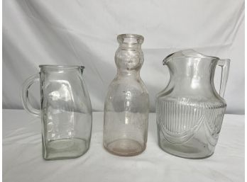 Vintage Clear Glass Pitcher With Two Bottles