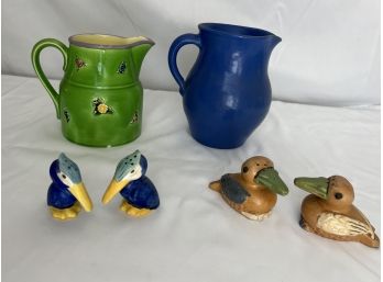 Colorful Collection Of Vintage Glazed Pottery Pitchers And Salt & Pepper Shakers