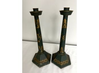 Pair Of Green & Gold Painted Wooden Candlesticks