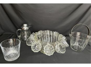 Midcentury Glass Punch Bowl With Ten Cups & Assorted Glass Barware