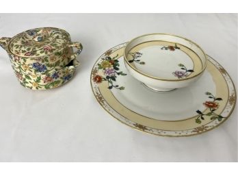 Japanese Porcelain Duo, Including Nippon Hand-painted Crudite Platter