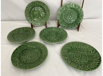 Set Of Six Green Majolica Style Plates With Fruit Motifs