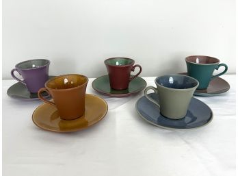Set Of Four Japanese Multicolor Glazed Ceramic Demitasse Teacups & Saucers