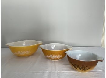 Trio Of Vintage Pyrex Bowls, Gold & Brown