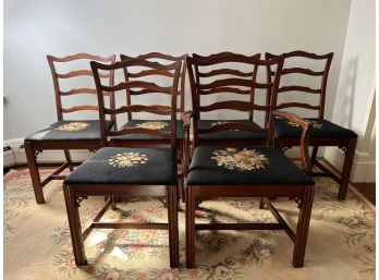 Set Of Six Antique Mahogany Dining Chairs, Each With Unique Floral Needlepoint Seat