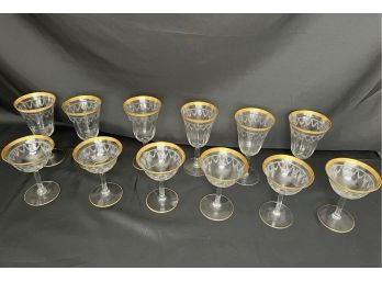 Vintage Etched & Genuine Gold-Rimmed Wine & Coupe Glasses, Set Of Six Each