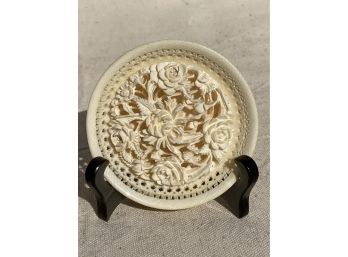 VERY Fine Antique Chinese Qing Dynasty 1870/- CARVED RETICULATED IVORY PLATE- High Relief Floral Center