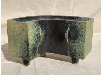 UNUSUAL Vintage Signed Mid Century Modern Studio Pottery Vessel/ Planter- Matte Green Glaze