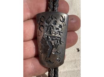 AMAZING Vintage HOPI INDIAN Old Pawn Sterling Silver Bolo Tie- Inset Carved Ceremonial BUFFALO Dancer- LARGE!