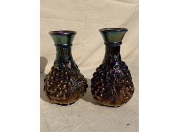 PAIR Of Antique IMPERIAL CARNIVAL GLASS VASES With High Relief Grape And Vine Motif