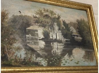 Antique 19th Century Oil On Board Painting- Centering Upon Several Old Farm Houses And Pond