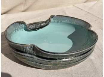 Vintage MCM Art Pottery Shallow Bowl Or Planter With Aqua And Green Glaze