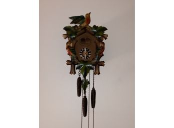 FANTASTIC Vintage Black Forest GERMAN CUCKOO CLOCK- Carved And Painted Wood- Both Cuckoo And Man Playing Music