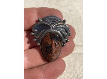 SUPERB Vintage Mexican TAXCO CARVED JASPER AND STERLING SILVER Figural MAYAN WARRIOR BOLO TIE CENTER PENDANT