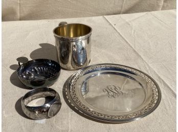STERLING SILVER LOT #1- GORHAM BABY CUP, RETICULATED PLATE, NAPKIN RING, OIL LAMP