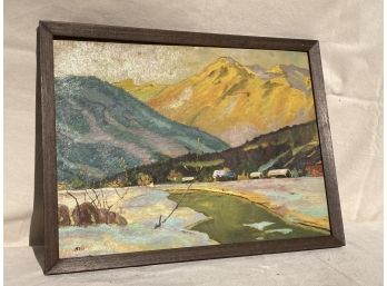 Vintage Mid Century Modern Impressionist Oil Painting In Original Frame- Mountain Vista With Farm