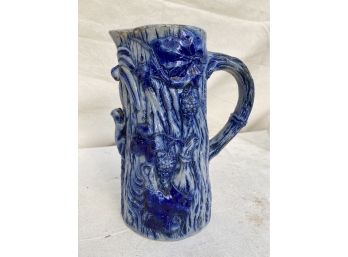 Unusual Antique Blue And White Salt Glazed Pitcher With Hanging Monkey And Flora