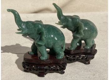 Matched Pair Of Vintage CHINESE  GREEN JADE ELEPHANT FIGURINES On Fitted Stands