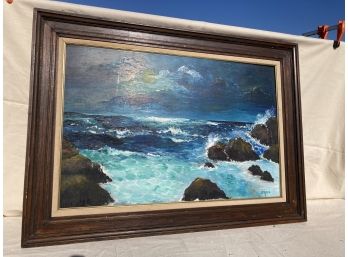 Large Vintage Mid Century Modern SEASCAPE OIL PAINTING IN ORIGINAL FRAME- Signed BASS