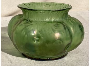 Antique Circa 1905 LOETZ IRIDESCENT ART GLASS SQUAT VASE IN GREEN- Art Nouveau Era