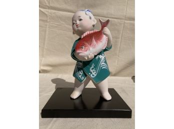 VERY FINE Vintage Bisque Porcelain Statue Of Child Form Immortal EBISU With Large Fish