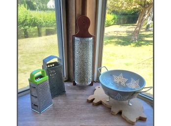 Bundle Of Vintage Graters And Pig Shaped Cutting Board