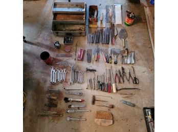 Lot Of Garage Tools With Assorted Wrench, Screwdrivers,  & Tool Box