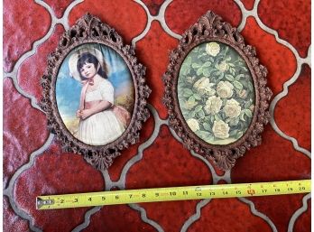 Two Oval Framed Fabric Print Art Wall Hangs