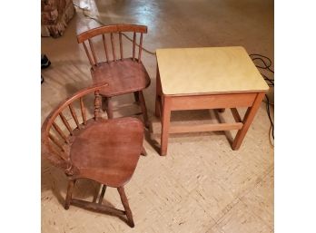 Vintage Child's School Desk And Two Antique Wooden Chairs