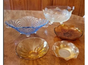 Five Decorative Colored Glass Serving Bowls
