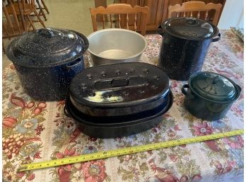 Three  HUGE Porcelain Enamel Cooking Pots W Lids  One Medium Sized