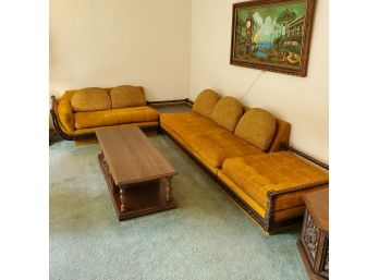MC Schnadig Furniture Set: Couch, Loveseat, Large Ottoman, & Corner Table -gold Cotton Cushions, 5 Pillows,