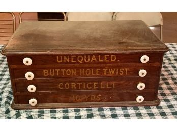 Antique CORTICELLI Oak Button Hole Twist And 10 Yard Spools Cabinet - Store Sewing Display