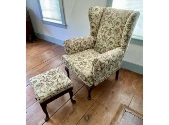 Vintage Queen Anne Style Chair And Ottoman With Floral Upholstery