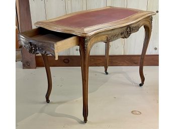 Vintage Ornate Wooden Leather Top Table On Casters