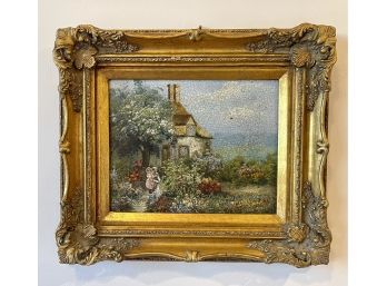 Colorful Antique Countryside Cottage Oil Painting Signed EL