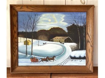 Vintage Winter Scene Oil On Canvas Board Signed Ballard