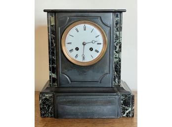 Art Deco Black Marble & Slate Mantle Clock W/ West German Movement - Marked 475 - Tested Working Key Included