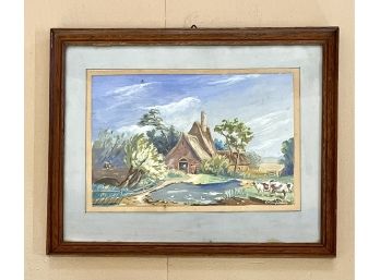 Vintage Cottage Scene Watercolor Signed Illegibly