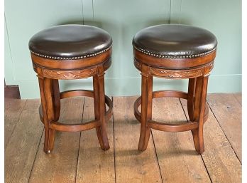 Pair Of Leather And Wood Swiveling Barstools