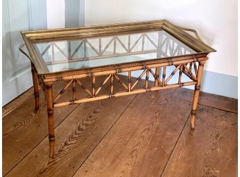 Vintage Bamboo Coffee Table With Removable Brass And Glass Tray Top