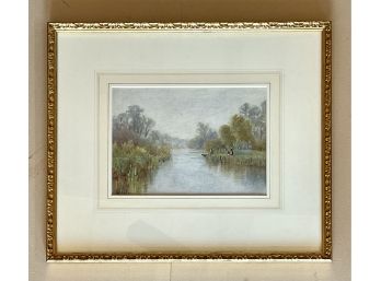 Antique Shoreline Watercolor Titled The Ferry Dated 1900 Signed Illegibly