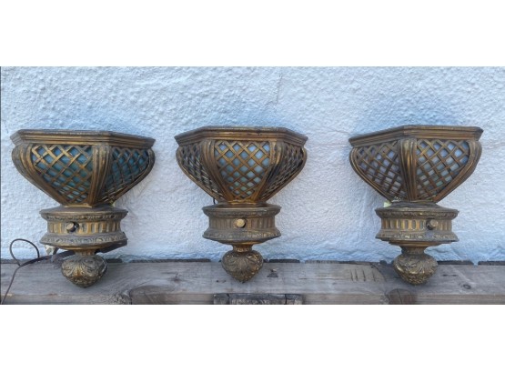 Set Of Three Vintage Brass Wall Sconces