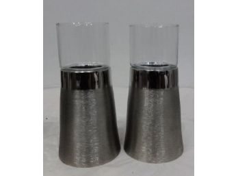 Pair Of Glass And Aluminum Candle Holders