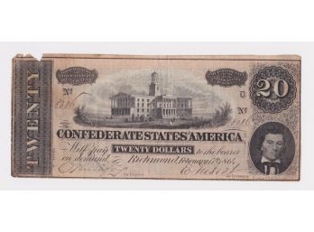 1864 Confederate States Of America 20 Dollar Note