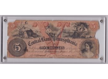Central Bank Of Pennsylvania 5 Dollar Note - Vintage US Currency